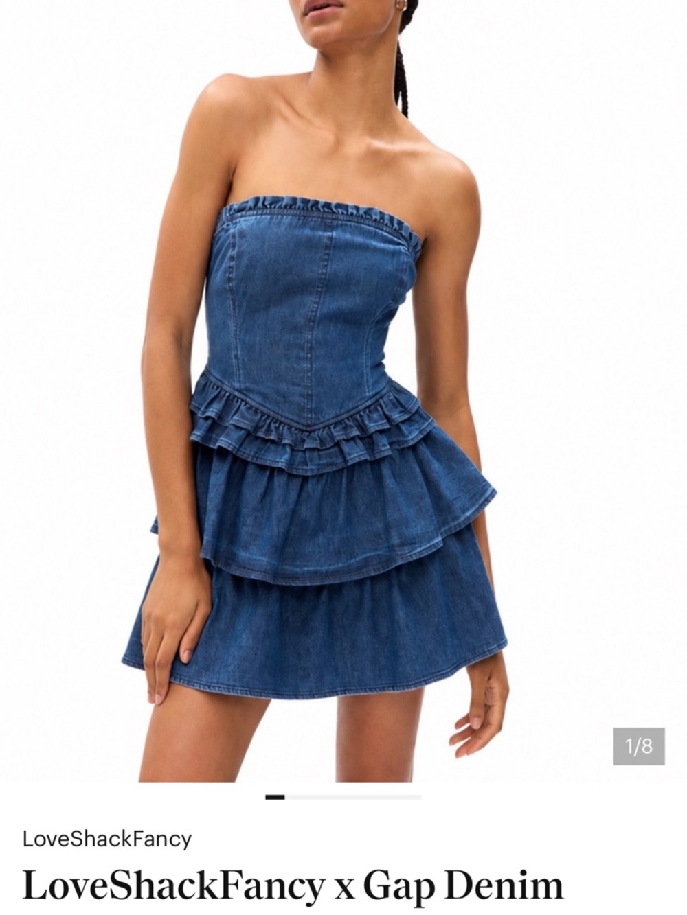 LoveShackFancy Strapless Denim Tiered Mini Dress in Medium Blue